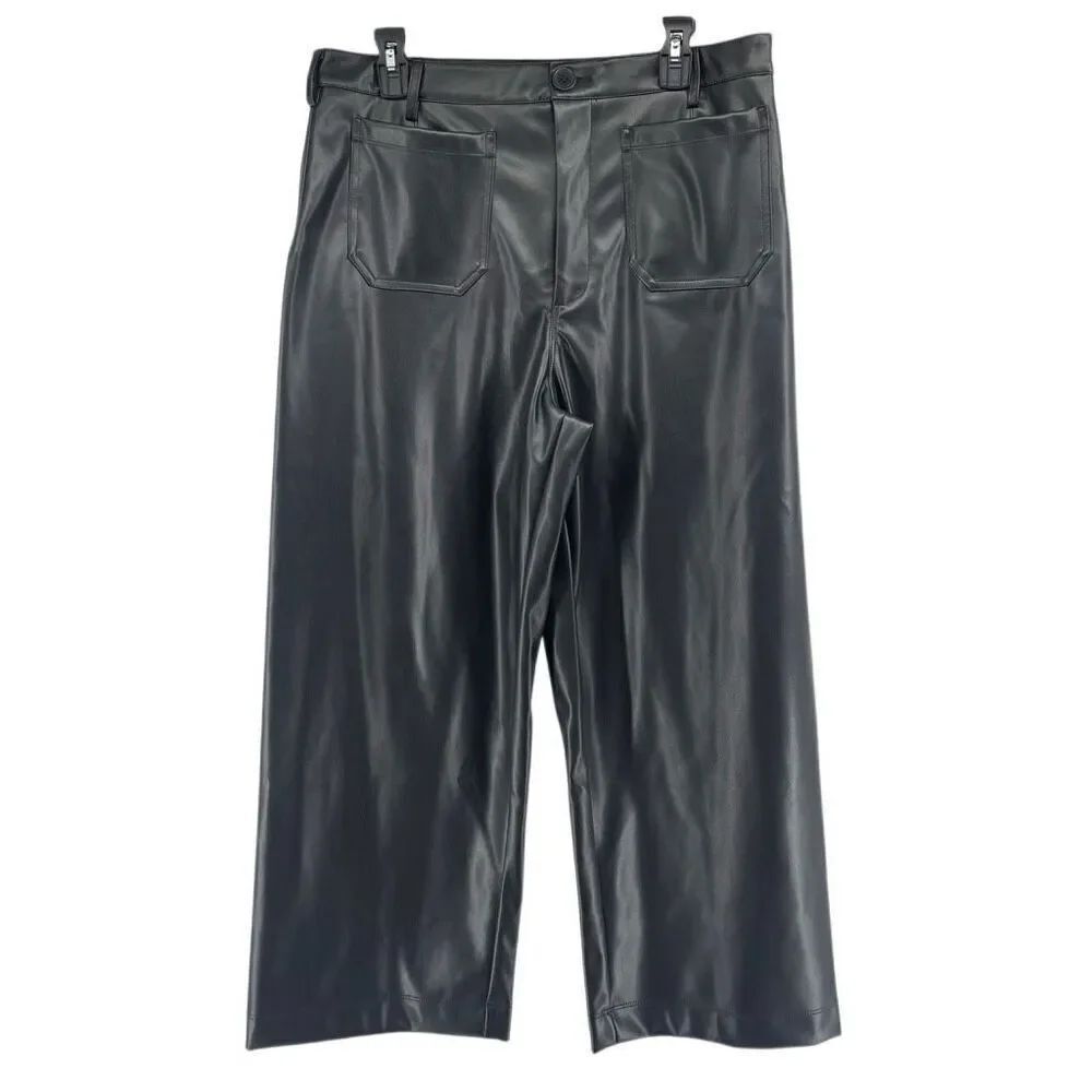 CeCe Black Faux Leather Wide Leg Crop Pants High Rise NWT Large